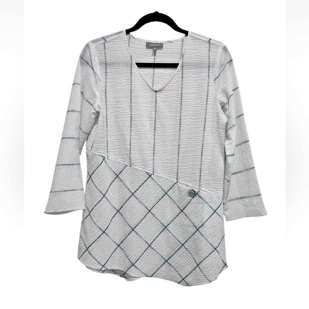 Habitat "Clothes To Live In" Textured Plaid V-Neck Tunic White & Teal Size XS